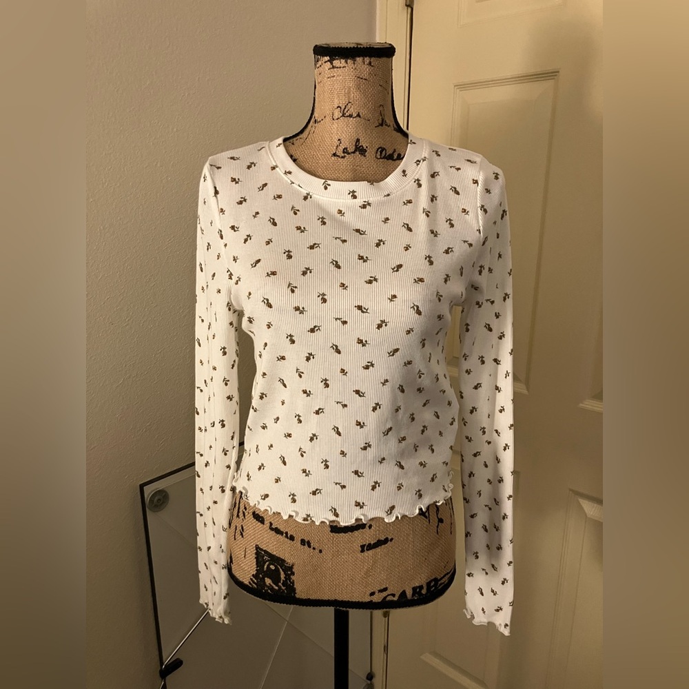 Forever 21 F21 White Floral Long Sleeve crew neck Tee shirt top large L 12
